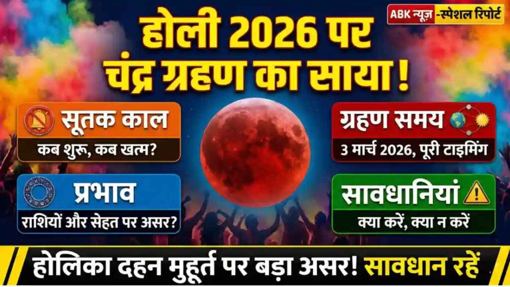 Holi 2026 पर चंद्र ग्रहण का साया: 3 मार्च को लगेगा पूर्ण चंद्र ग्रहण, सूतक समय और होलिका दहन का सही मुहूर्त जानें